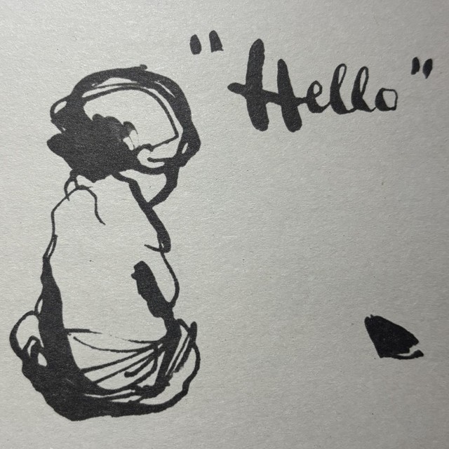 A hand-drawn ink sketch saying hello